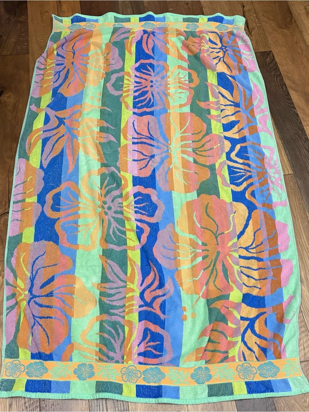 Santens Vintage Beach Towel Cotton Tropical Flower Hibiscus Striped Hawaiian